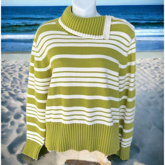 Green Ivory Stripe Sweater Womens Large Nautical Knit Buttons Classic Preppy Vtg - Picture 13 of 13
